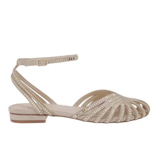 Γυναικεία Πέδιλα Flat EXE Lola-307 Μπεζ Καστόρι Πλατίνα Στράς W4700703143H