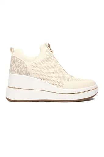 MICHAEL KORS ΠΑΠΟΥΤΣΙΑ SNEAKERS EMMY WEDGE ZIP SLIP ON ΦΕΡΜΟΥΑΡ LOGO ΒΑΝΙΛΙΑ/ΜΠΕΖ