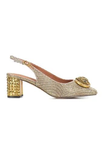 KURT GEIGER ΠΑΠΟΥΤΣΙΑ MULES CHELSEA BLOCK SLINGBACK METAΛΛΙΚΑ ΣΤΡΑΣ LOGO ΧΡΥΣΟ