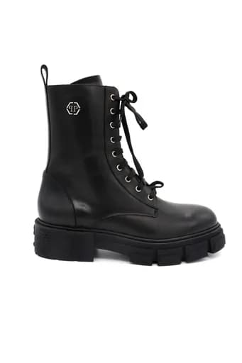 PHILIPP PLEIN ΠΑΠΟΥΤΣΙΑ ΜΠΟΤΑΚΙ CALF SKIN LEATHER FLAT HEXAGON LOGO ΜΑΥΡΟ